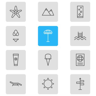 12 yaz simgeler vektör Illustration. Yüzme, Mayo, güneşli ve diğer öğeleri düzenlenebilir paketi.