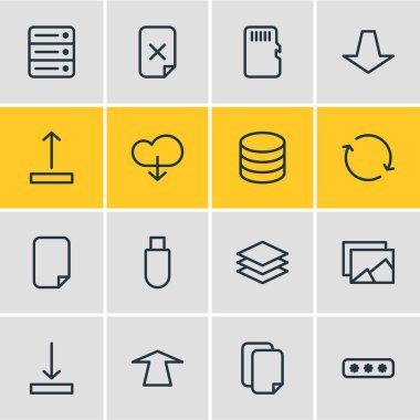 16 Arşiv simgeler vektör Illustration. Düzenlenebilir paket birden parlamak götürmek, ok, yukarı doğru ve diğer öğeleri.