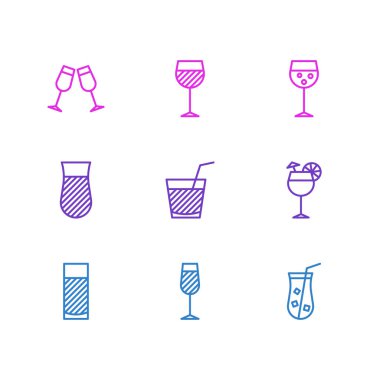 9 içecek simgeler vektör Illustration. Aqua, cam, suyu ve diğer öğeleri düzenlenebilir paketi.