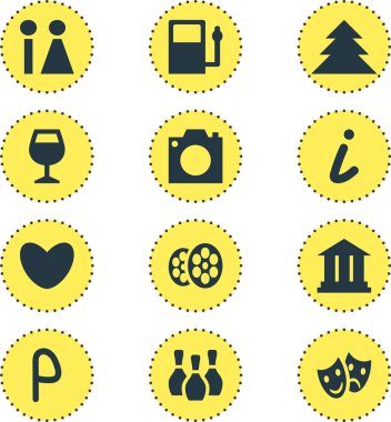 12 harita simgeler vektör Illustration. Harita bilgi, maskeler, orman ve diğer öğeleri düzenlenebilir paketi.