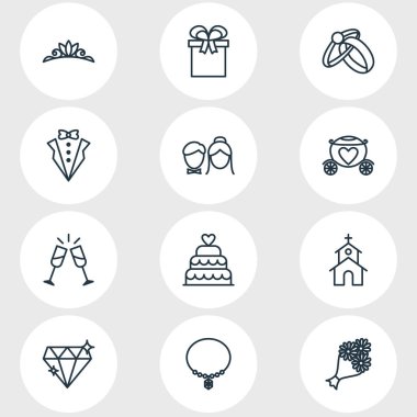 12 nişan simgeler vektör Illustration. Damat elbise, savaş arabası, hediye ve diğer öğeleri düzenlenebilir paketi.