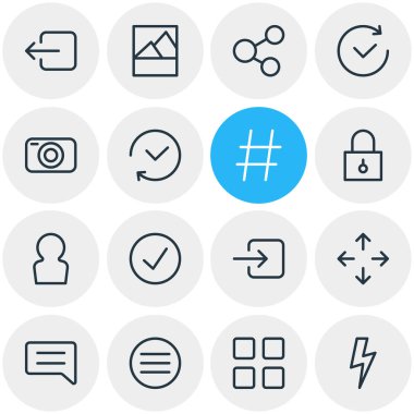 16 uygulama simgeler vektör Illustration. Payı, oturum açma, Not ve diğer öğeleri düzenlenebilir paketi.