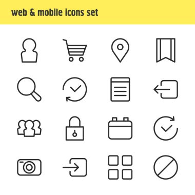 16 App simgelerin vektör çizim. Büyüteç'i, alışveriş düzenlenebilir Pack Tarih ve diğer öğeleri.