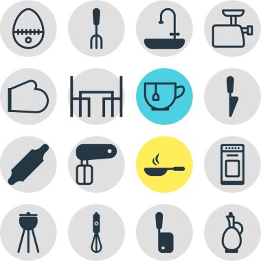 16 Restoran simgeler vektör Illustration. Düzenlenebilir paket sürahi, mutfak hançer, Fırın eldivenleri ve diğer öğeleri.