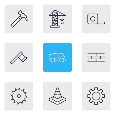 9 sanayi simgeler vektör Illustration. Ölçü birimi bant, karikatür, kamyon ve diğer öğeleri düzenlenebilir sürüsü.