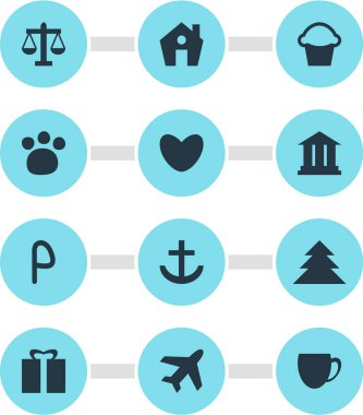 12 seyahat simgeler vektör Illustration. Ev, Kahve Dükkanı, üniversite ve diğer öğeleri düzenlenebilir sürüsü.