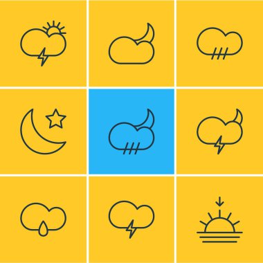 9 atmosfer simgeler vektör Illustration. Yağmurlu, hilal, fulminan ve diğer öğelerin düzenlenebilir paketi.