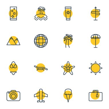 16 yaz simgeler vektör Illustration. Uçak, bavul, Balık ve diğer öğeleri düzenlenebilir paketi.
