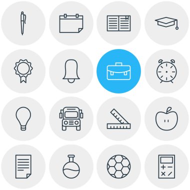 16 bilim simgeler vektör Illustration. Kağıt, metre, meyve ve diğer öğeleri düzenlenebilir paketi.