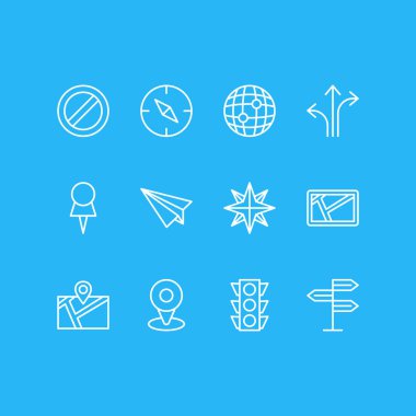 12 yerde simgeler vektör Illustration. PIN, yön tabelası, konum ve diğer öğeleri düzenlenebilir paketi.