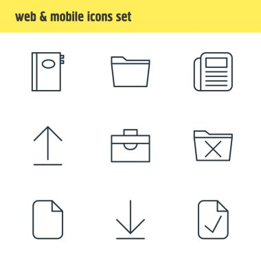 9 çalışma alanı simgeler vektör Illustration. Silme, yükleme, belge ve diğer öğelerin düzenlenebilir sürüsü.