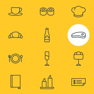 12 Restoran simgeler vektör Illustration. Düzenlenebilir paket çay, tatlı, gıda ve diğer öğeleri.
