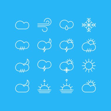 16 atmosfer simgeler vektör Illustration. Kasırga, gündoğumu, bulutlu ve diğer öğeleri düzenlenebilir paketi.