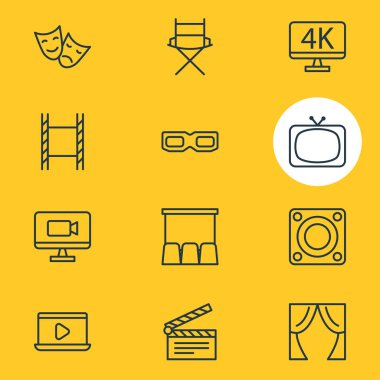 12 sinema simgeler vektör Illustration. Hoparlör, koltuk, film şeridi ve diğer öğeleri çekim düzenlenebilir sürüsü.