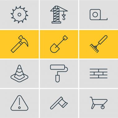 12 sanayi simgeler vektör Illustration. Ölçü birimi bant, yol işaret, kürek ve diğer öğeleri düzenlenebilir sürüsü.