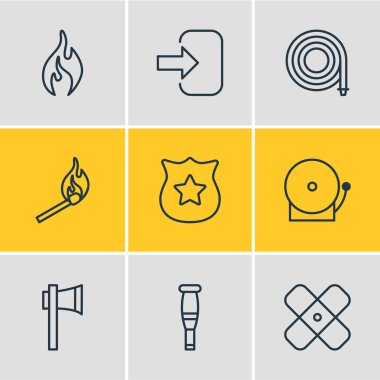 9 çok simgeler vektör Illustration. Siren, Hosepipe, kapı ve diğer öğeleri düzenlenebilir paketi.