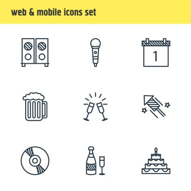 9 parti simgeler vektör Illustration. Kadehi, hava akımı, kompakt Disk ve diğer öğeleri düzenlenebilir paketi.