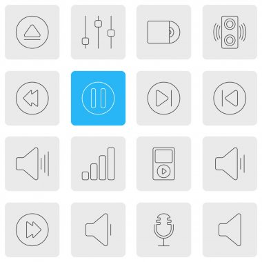 16 Müzik simgeler vektör Illustration. Hoparlör, kompakt Disk, önceki ve diğer öğeleri düzenlenebilir sürüsü.