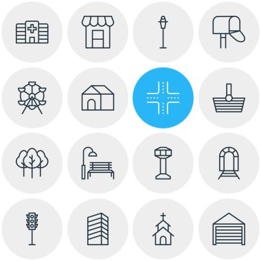 16 şehir simgeler vektör Illustration. Elektrik direği, Otopark, tente ve diğer öğeleri düzenlenebilir sürüsü.