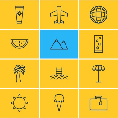 12 yaz simgeler vektör Illustration. Sorbe, Hill, Anti-güneş kremi ve diğer öğeleri düzenlenebilir paketi.