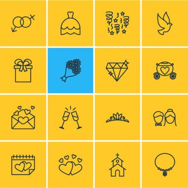 16 düğün simgeler vektör Illustration. Düzenlenebilir paket parlak, güvercin, gelinlik ve diğer öğeleri.