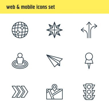 9 yönünü simgeler vektör Illustration. Düzenlenebilir paket tabelasını, ok, yer ve diğer öğeleri.