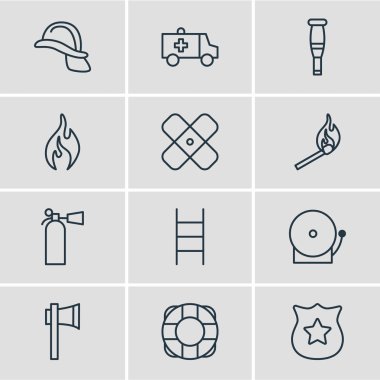 12 çok simgeler vektör Illustration. Kask, merdiven, yapıştırıcı ve diğer öğeleri düzenlenebilir paketi.