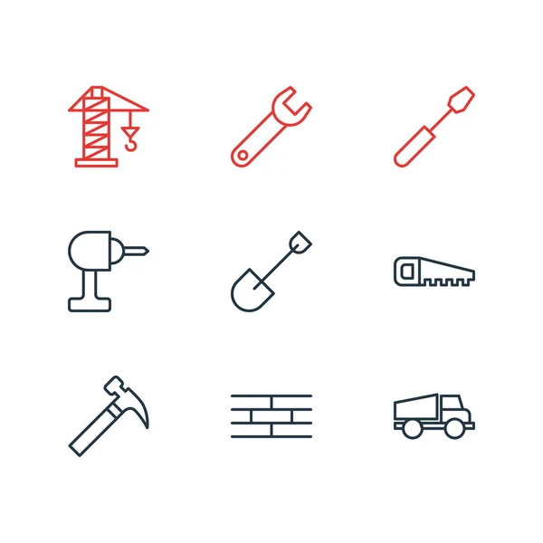 Ilustração vetorial de 9 ícones da indústria. Pacote editável de elevação, parafuso giratório, caminhão e outros elementos . — Vetor de Stock