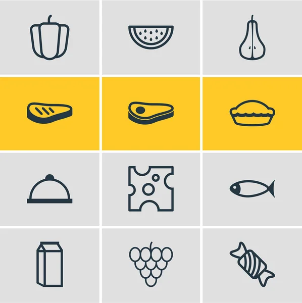 Vektorillustration von 12 Nahrungsmittelsymbolen. editierbare Packung Cheddar, Flan, Platte und andere Elemente. — Stockvektor