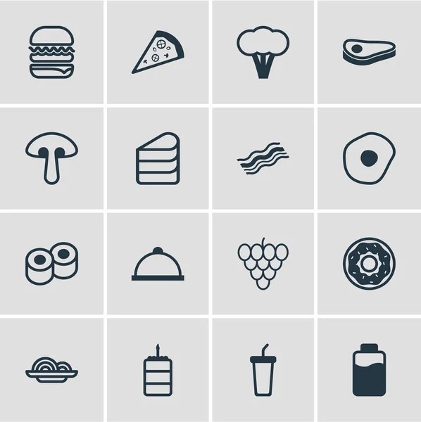 16 élelmiszer-ikonok vektoros illusztráció. Szerkeszthető Pack tál, Pizza szelet, cukrászda és egyéb elemek. — Stock Vector