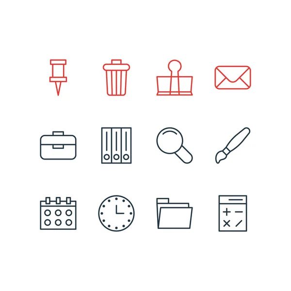 Ilustración vectorial de 12 iconos de herramientas. Paquete editable de fecha, clip de carpeta, zoom y otros elementos . — Vector de stock