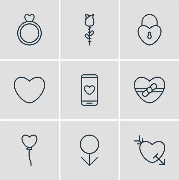 Ilustración vectorial de 9 iconos de Amour. Paquete editable de flecha, Smartphone, compromiso y otros elementos . — Archivo Imágenes Vectoriales