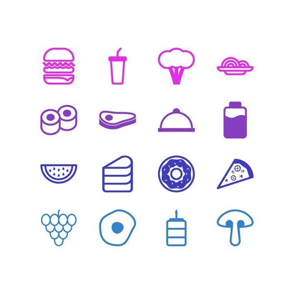 Ilustração vetorial de 16 ícones comendo. Pacote editável de sanduíche, pastelaria, elementos de patisserie . — Vetor de Stock