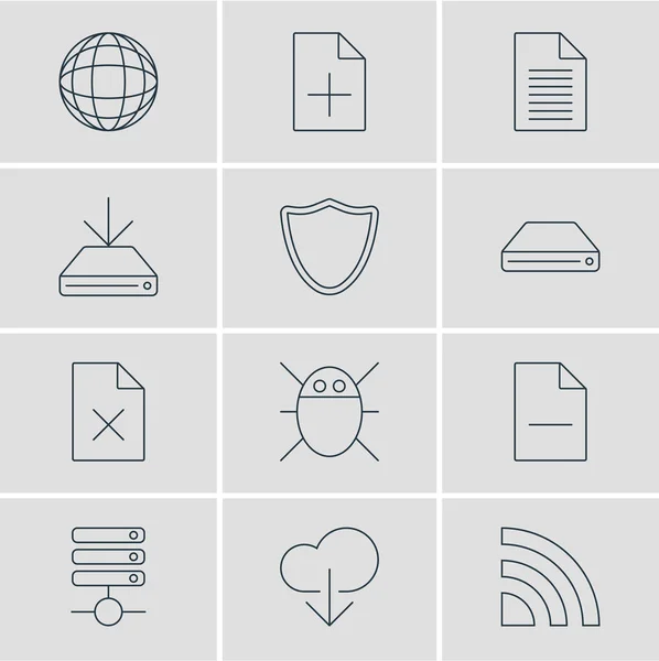Vektorillustration von 12 Web-Icons. editierbares Paket aus Computervirus, Daten-Upload, Welt und anderen Elementen. — Stockvektor