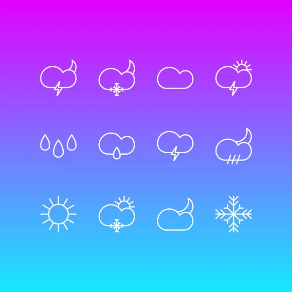 Vectorillustratie van 12 Sky pictogrammen. Bewerkbare Pack van bewolkt, Cloud, catastroferisico en andere elementen. — Stockvector