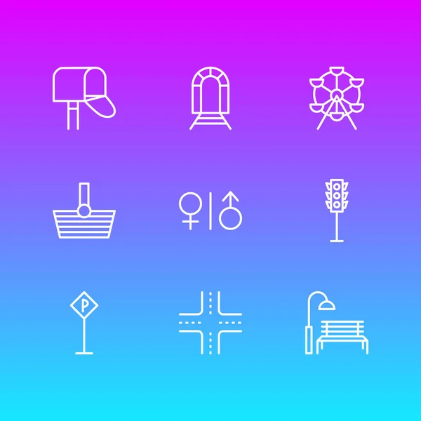 9 város ikonok vektoros illusztráció. Szerkeszthető Pack levélszekrény, metró, WC és egyéb elemek. — Stock Vector