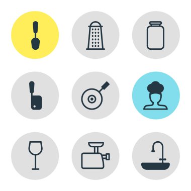 9 Restoran simgeler vektör Illustration. Şarap, banyoya, Dilimleyici öğeleri düzenlenebilir paketi.