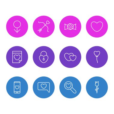 12 aşk simgeler vektör Illustration. Hearts, Smartphone, gül ve diğer öğeleri düzenlenebilir paketi.