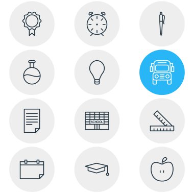 12 Eğitim simgeler vektör Illustration. Ampul, metre, kağıt ve diğer öğeleri düzenlenebilir paketi.