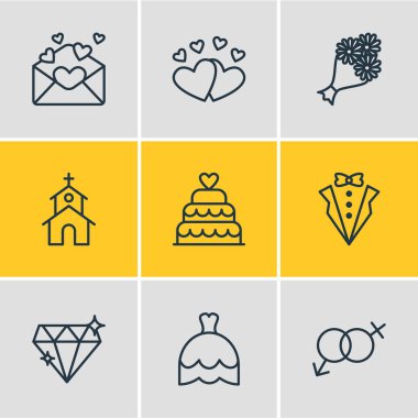 9 evlilik simgeler vektör Illustration. Damat elbise, kart, pastane ve diğer öğeleri düzenlenebilir paketi.