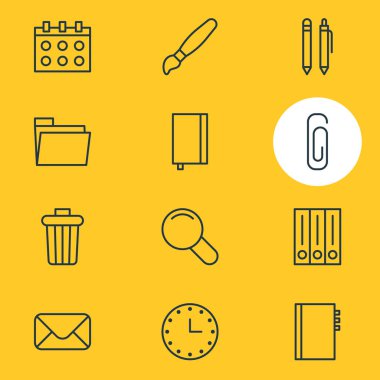 12 ileti örneği simgeler vektör Illustration. Ders kitabı, defterini, arşiv ve diğer öğeleri düzenlenebilir paketi.