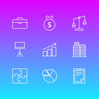 9 yönetim simgeler vektör Illustration. Sütunların, denge, portföy ve diğer öğeleri düzenlenebilir paketi.