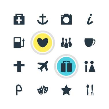 Check-In 16 simgeler vektör Illustration. Düzenlenebilir Pack Cafe, tuvalet, haç ve diğer öğeleri.