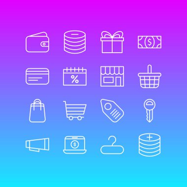 16 ticaret simgeler vektör Illustration. Alışveriş, düzenlenebilir Pack reklam, eksi ve diğer öğeleri.