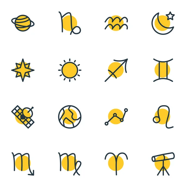 Ilustración vectorial de 16 iconos de constelación. Paquete editable de soleado, planeta, signo del zodíaco y otros elementos . — Vector de stock