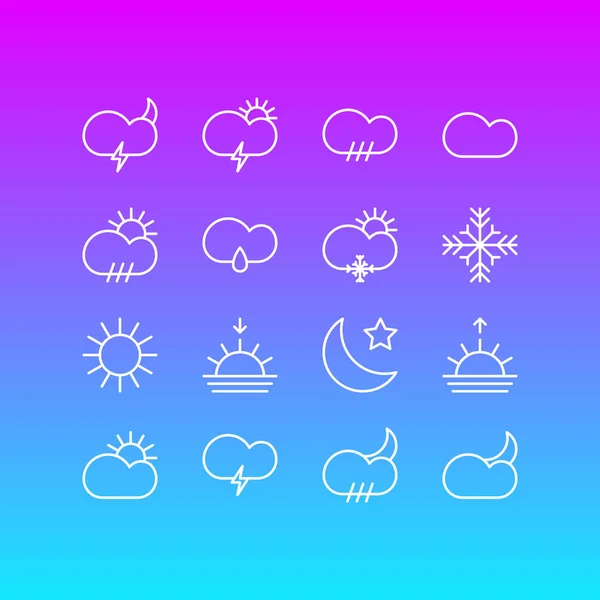 Vektorové ilustrace 16 ikon počasí. Upravitelné Pack slunce, Crescent, sněhu a dalších prvků. — Stockový vektor
