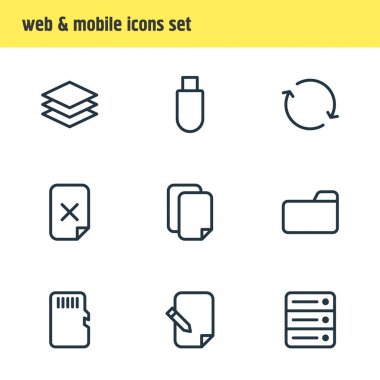 9 depolama simgeler vektör Illustration. Belgelerin, bellek, düzenlenebilir Pack eşitleme ve diğer öğeleri.