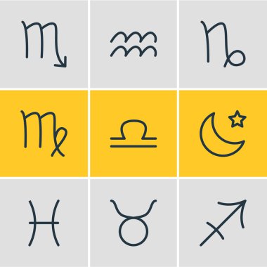 9 takımyıldızı simgeler vektör Illustration. Gece, keçi, boğa ve diğer öğeleri düzenlenebilir paketi.