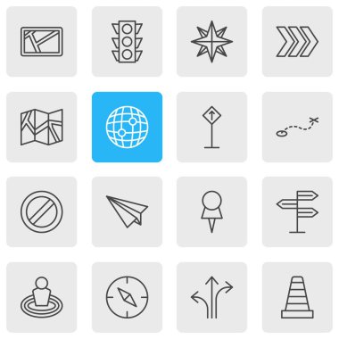16 gezinti simgeler vektör Illustration. Ok, yön tabelası, pusula ve diğer öğeleri düzenlenebilir paketi.