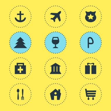 12 yerde simgeler vektör Illustration. Polis, üniversite, ev ve diğer öğeleri düzenlenebilir paketi.